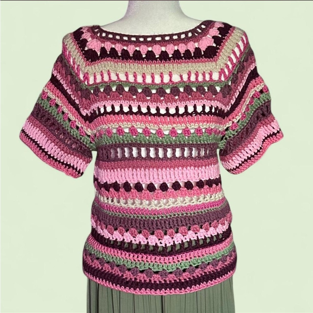 Colorful Pink and Green Striped Crochet Raglan Top